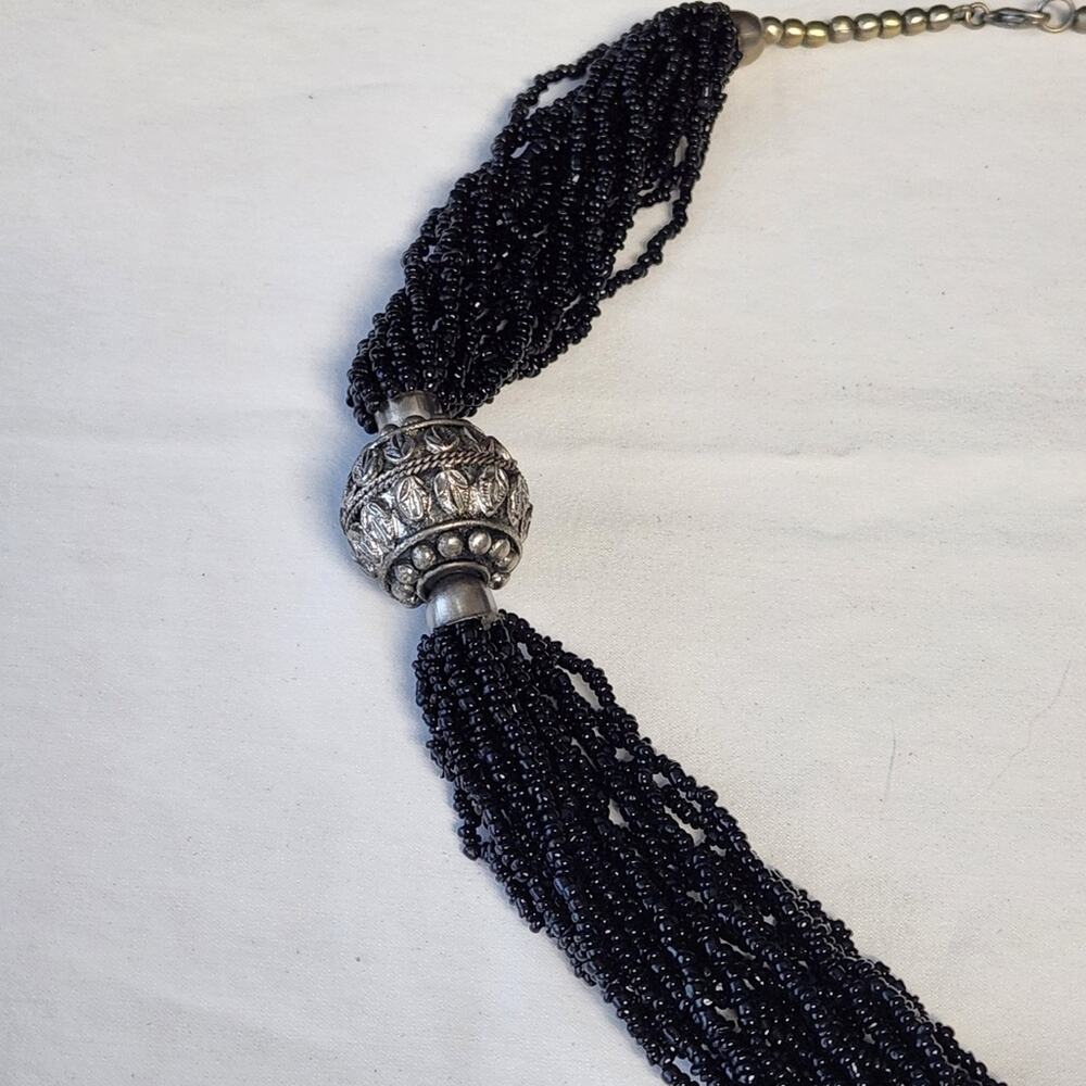 Black Seed Bead Multi-Strand Statement Necklace Silver Tone Etched Pendant Boho - Picture 5 of 6